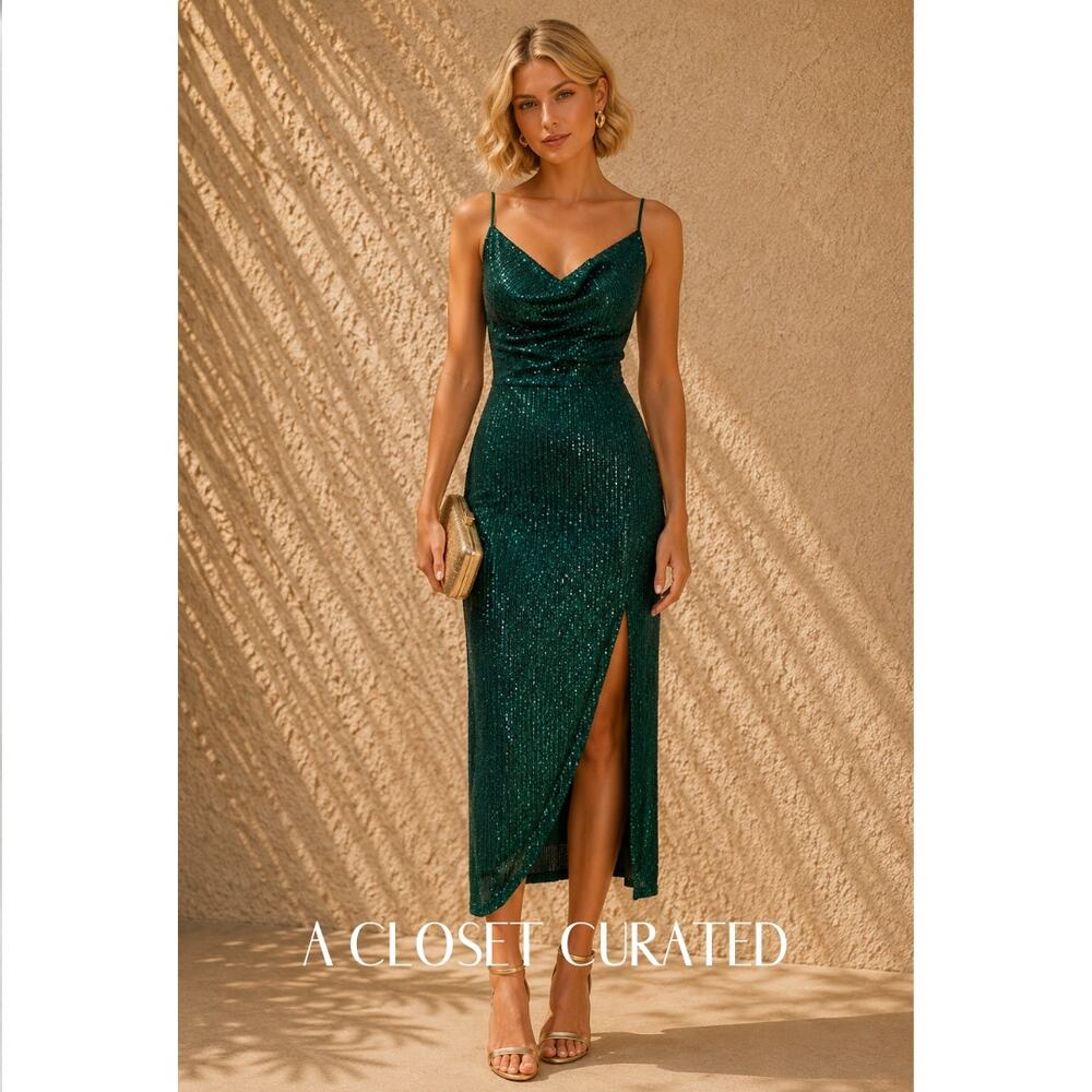 In The Mood For Love Yuna Draped Sequin Midi Dress Medium Green NWT